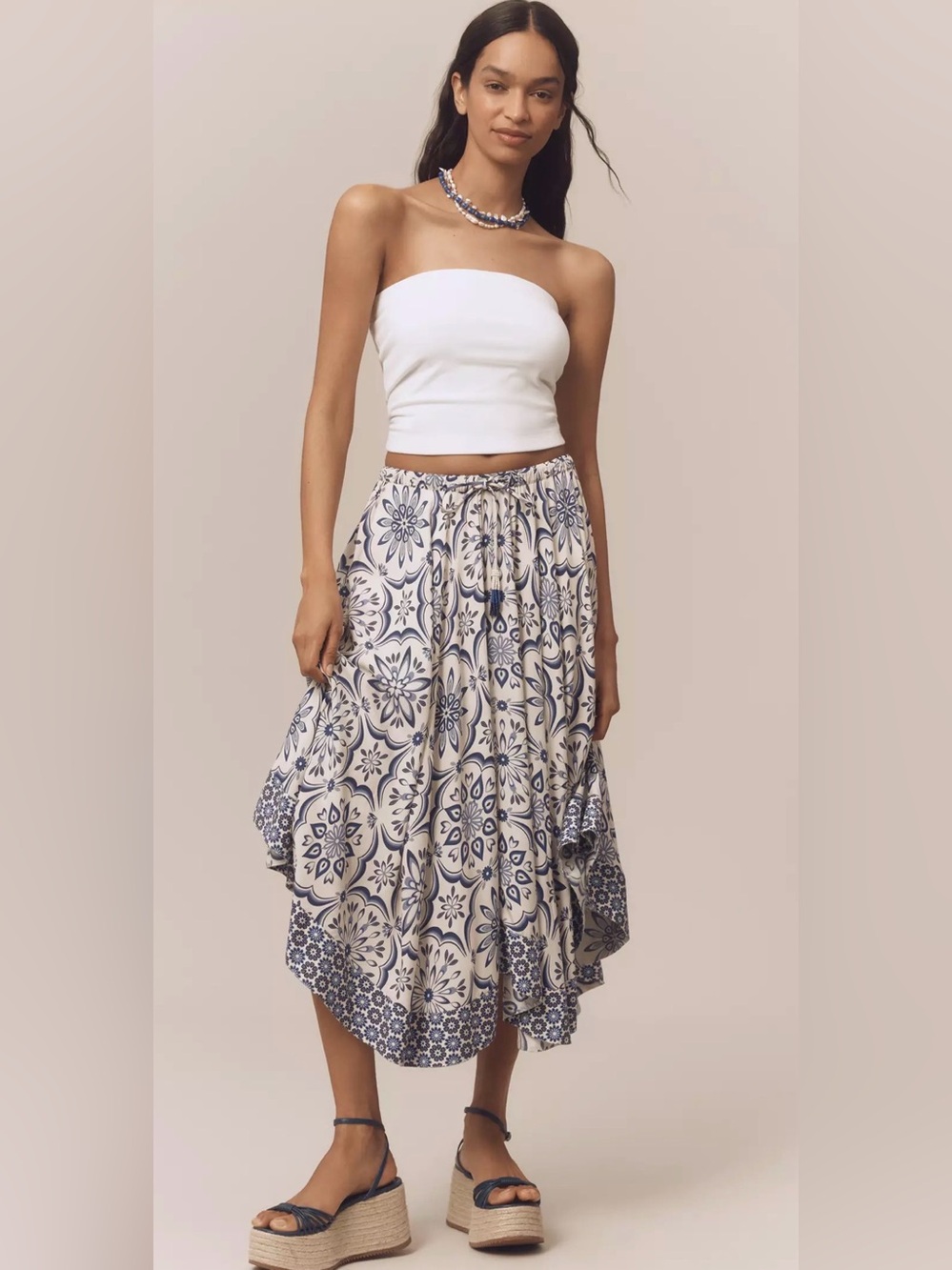 Farm Rio Curved-Hem Printed Midi Skirt